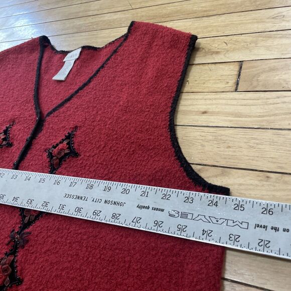 Koret Vtg 90s Wool Sweater Vest Women 2X Red 3D Art Floral Beaded Button Knit - Picture 8 of 16